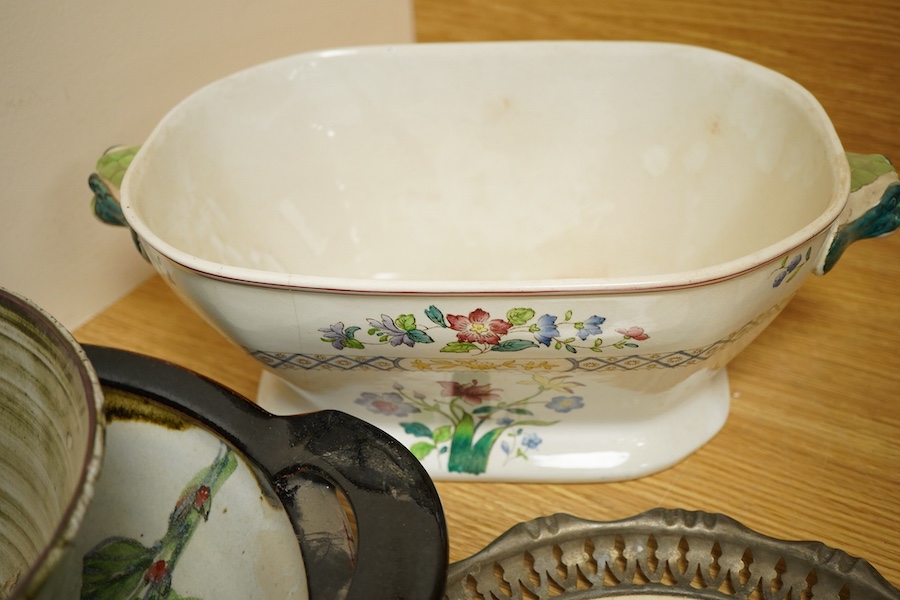 A signed studio pottery bowl together with a similar dish, a Copeland Spode tureen retailed by Gorringe Ltd and a pewter mounted plate, largest 38cm